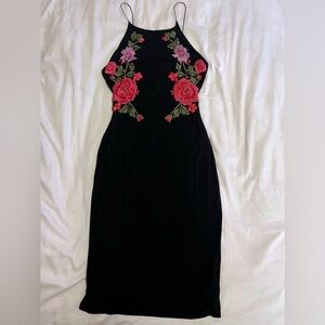 Floral Embroidered Black Midi Dress